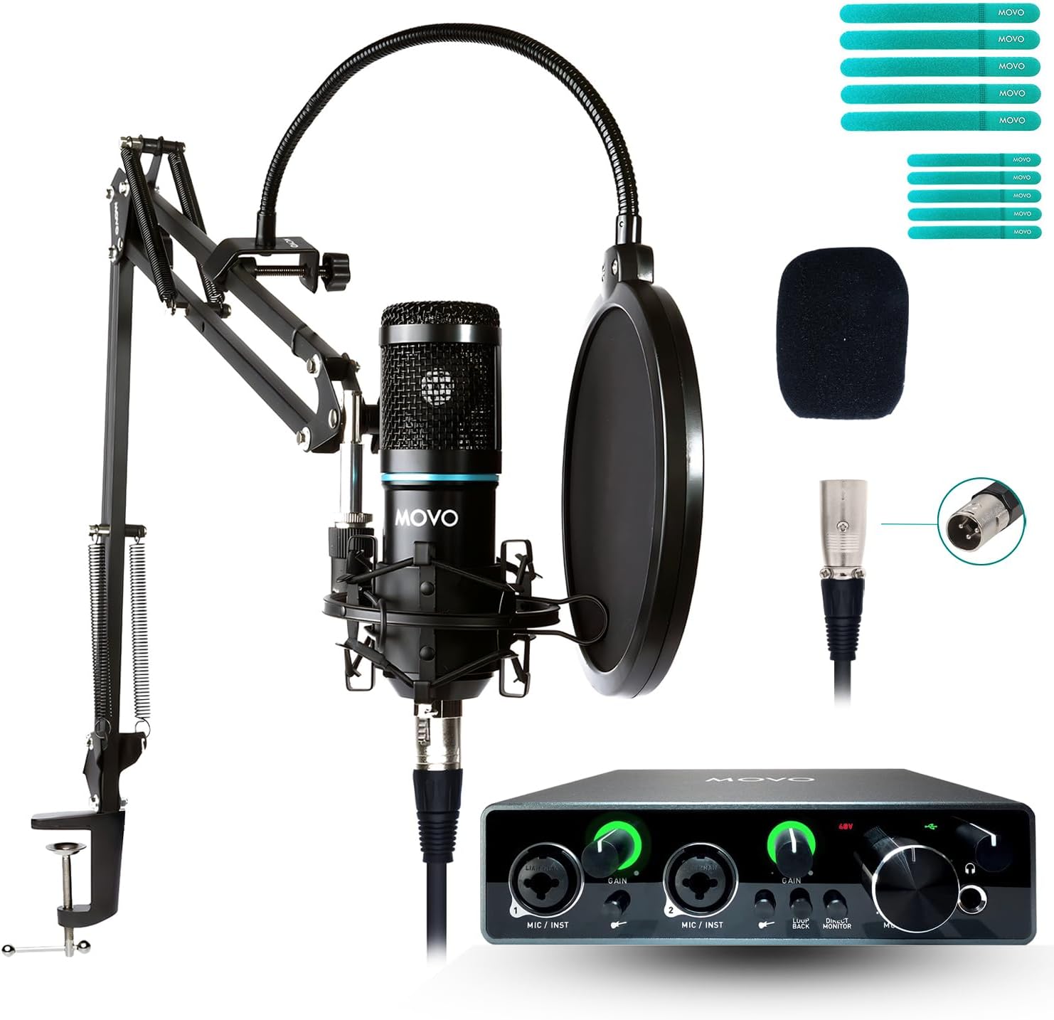 Movo PodPakA Universal Cardioid Condenser Microphone Kit with MDX-1 2x2 Audio Interface with Articulating Scissor Arm Mic Stand - Podcast Equipment Set for YouTube, Podcast, Streaming