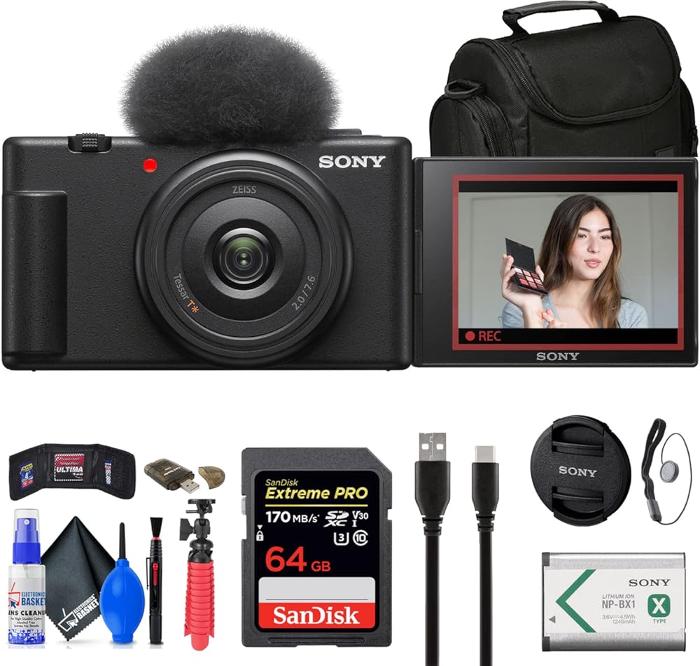 Sony ZV-1F Vlogging Camera (Black) (ZV1F/B) + Case + 64GB Card + Card Reader + Flex Tripod + Memory Wallet + Cap Keeper + Cleaning Kit (Renewed)