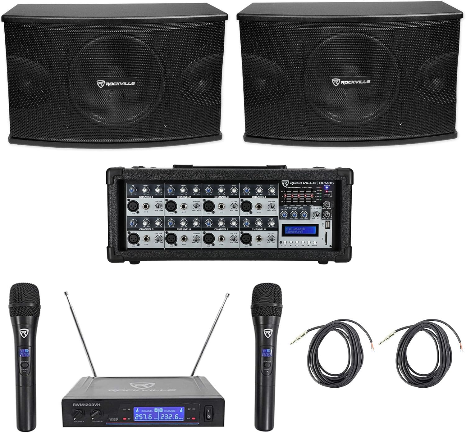 Rockville KPS10 Bundle: (2) 10 in 3-Way 1200W Peak / 300W RMS Karaoke Speakers, RPM85 8-Ch Powered Mixer, RWM1203VH VHF Wireless Mic System, (2) RTSBW20 20 ft TS to Bare Wire Cables, 6-Items