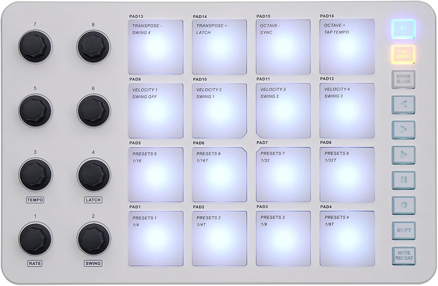 SMC PAD USB MIDI Keyboard Controller, Bluetooth MIDI Keyboard with 16 RGB Backlit Pads 8 Assignable Knobs and Note Repeat Function and 3.5mm MIDI Output