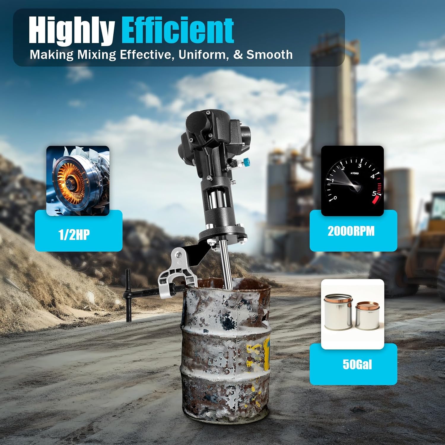 50 Gallon Pneumatic Mixer - 2000 RPM Stainless Steel Automatic Paint Mixer Machine with Adjustable Height for Chemical Plants and Ink Coating Mixing Tool