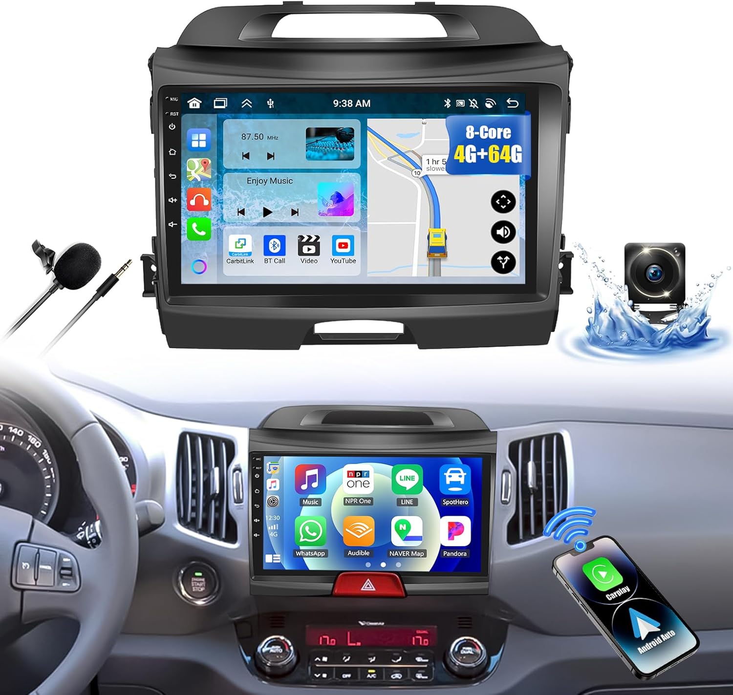 CAMECHO 4+64G 8 Core Car Stereo Radio for Kia Sportage 2010-2016 with Wireless CarPlay Android Auto 9