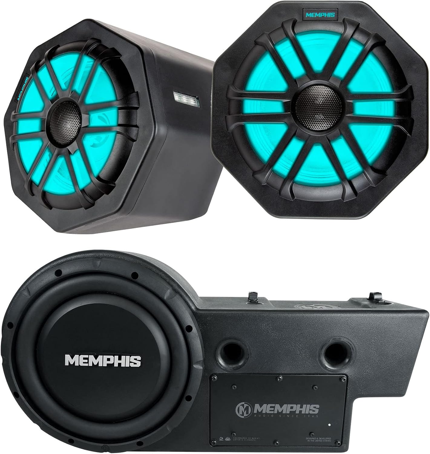 Memphis Pair Audio GEN65FE 75w RMS LED Speaker Pods for 2016+ Polaris General Bundle with GEN10SE 400w 10