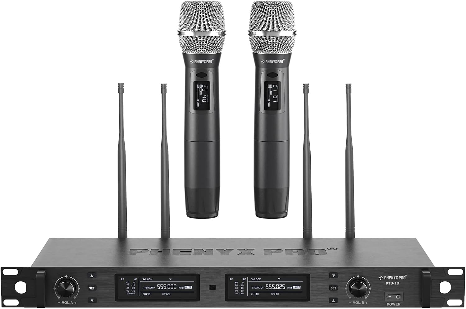 Phenyx Pro Wireless Microphone System, True Diversity Dual Cordless Mic Set, Professional UHF Handheld Wireless Microphones w/Auto Scan, 2x1000 Channels, 328ft for Stage & Studio (PTU-2U-2H)