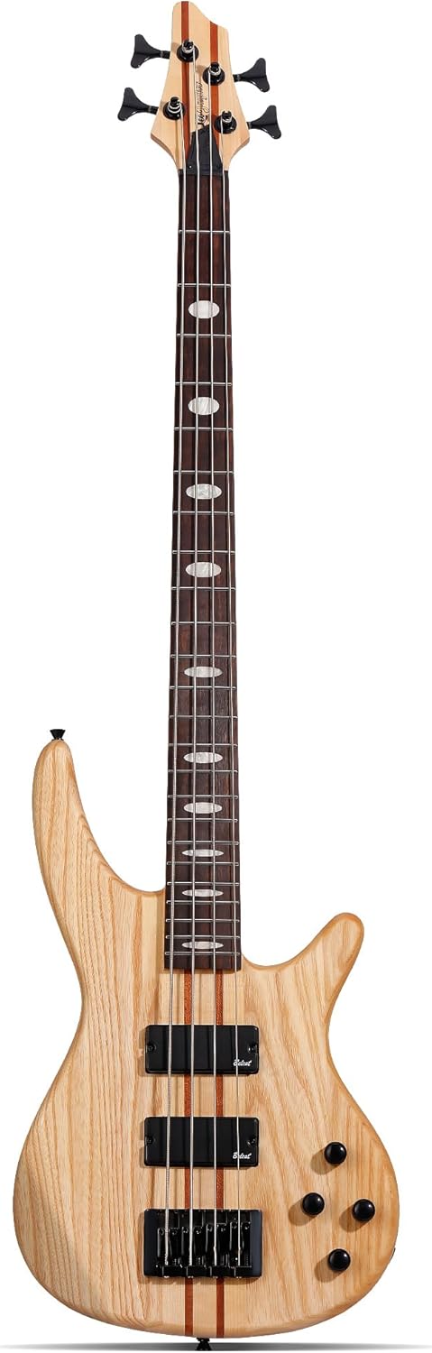 Leo Jaymz Solid Body 4-String Bass Guitar, Solid ASH Body with Maple and Sapele Neck, Laurel Fingerboard, Dual Humbucker Pickups, 34-Inch Scale, 24 Stainless Steel Frets for Studio & Live Performance