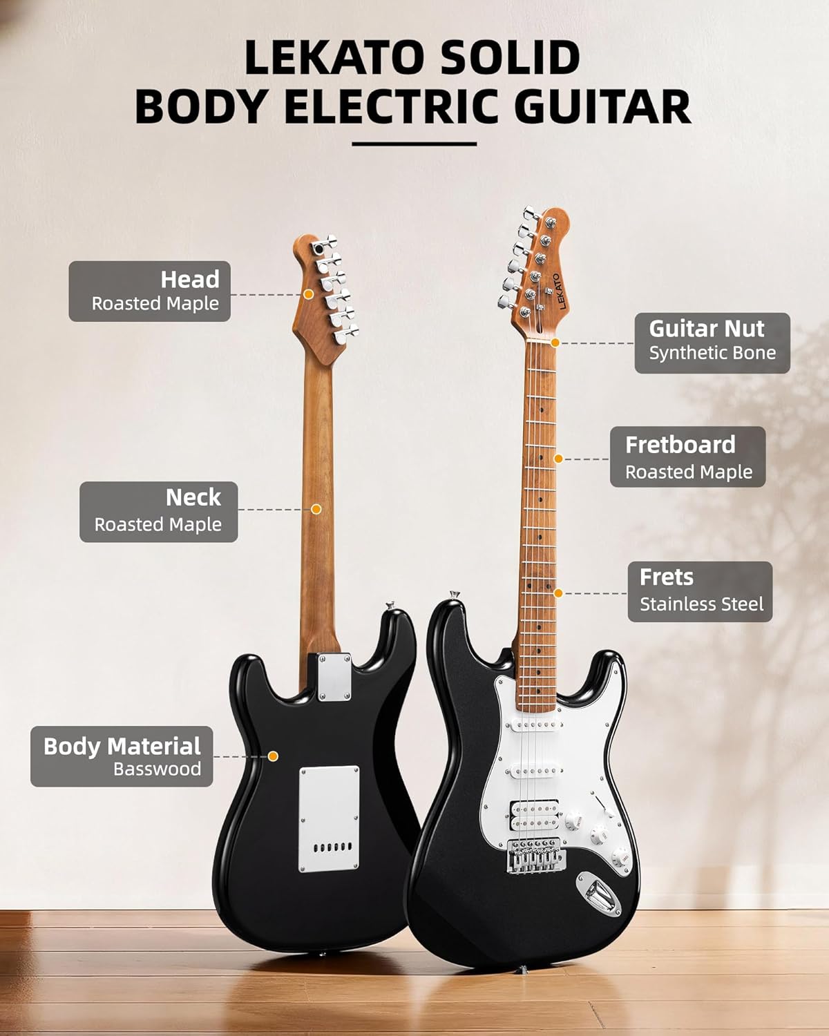 LEKATO Electric Guitar Kit Beginner 39 Inch Full Size Solid Body Guitar HSS for Starter with 5w Mini Amp, Bag, Tuner, Capo, Shoulder Strap, Picks, String, String Winder&Cutter - Black