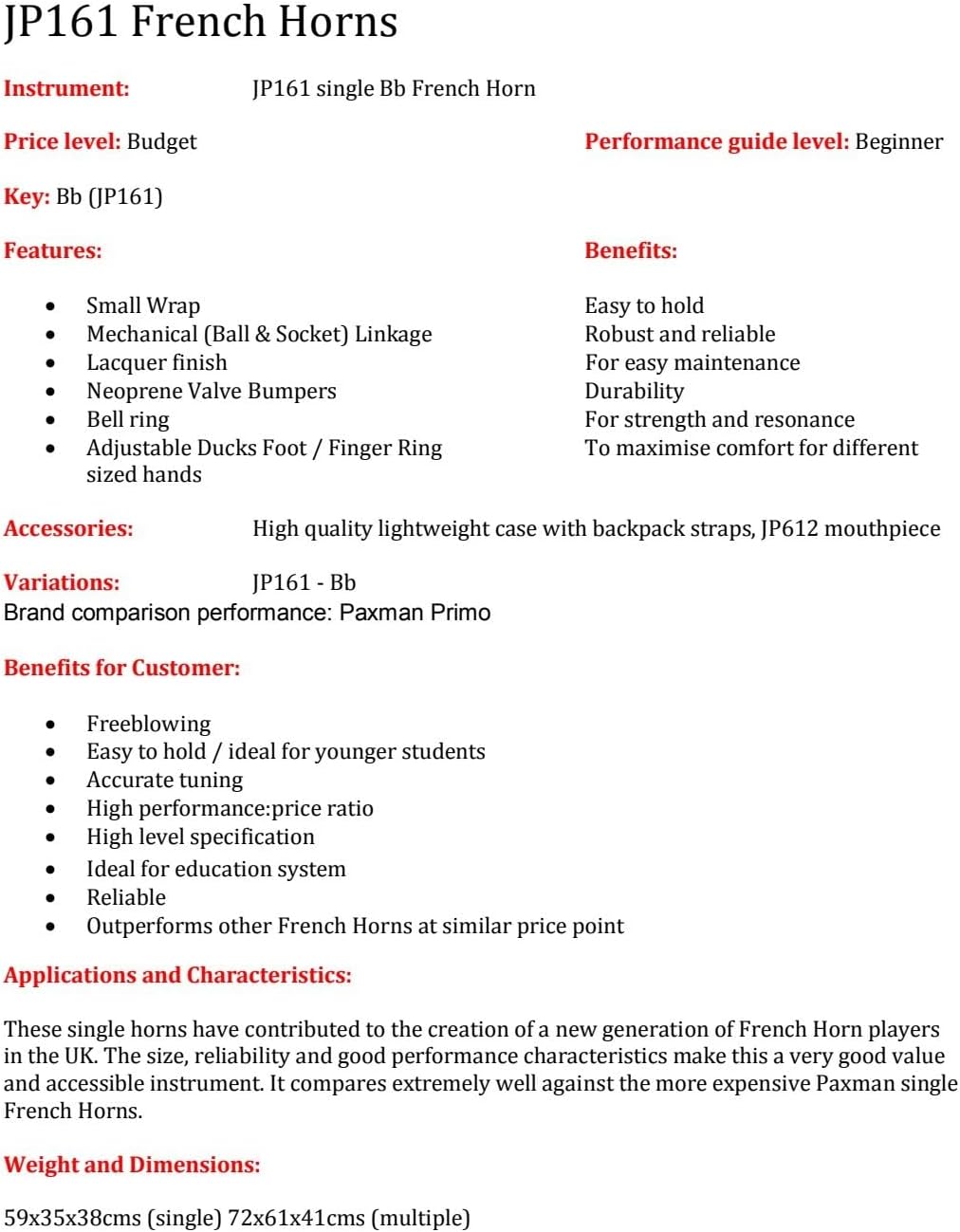 John Packer JP161 Single Bb French Horn