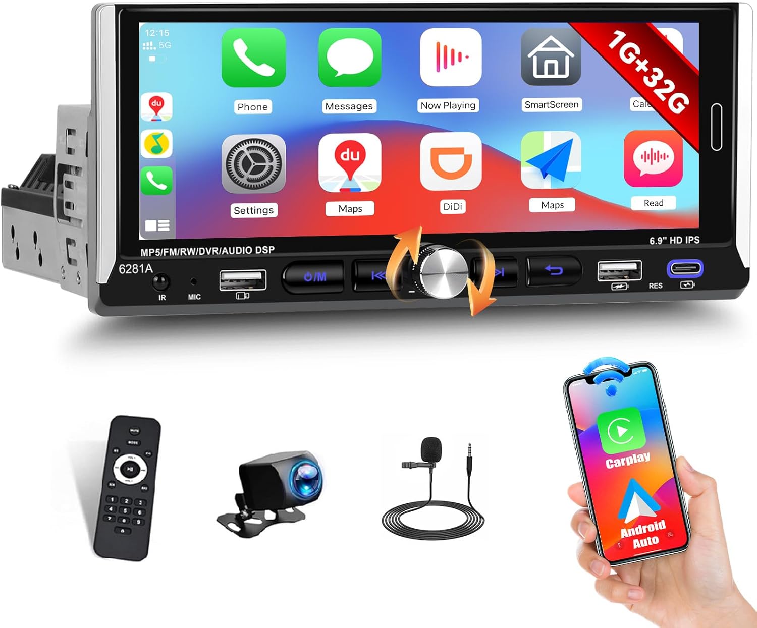 Single Din IPS Touchscreen Car Stereo Radio with Wireless Apple Carplay Android GPS Navigation with Auto,6.9 Inch 1+32G Android Head Unit Touch Screen Bluetooth,WiFi,FM/RDS/EQ,SWC,HD Backup Camera&MIC