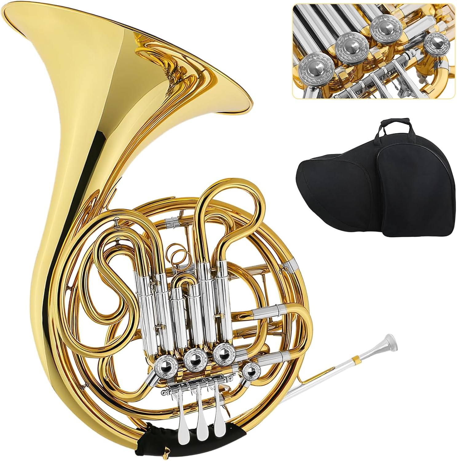 Double French horn F/Bb 4 keys, French horn lacquered gold, comes with case, mouthpiece, gloves, cleaning cloth, brush