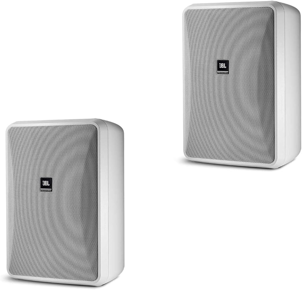 JBL Professional CONTROL 28-1-WH wall-mounted indoor, outdoor speaker, broad sound coverage, 8 inch, 120 watt at 8Ω, high output background, foreground weatherproof speaker. Sold as a Pair. White.