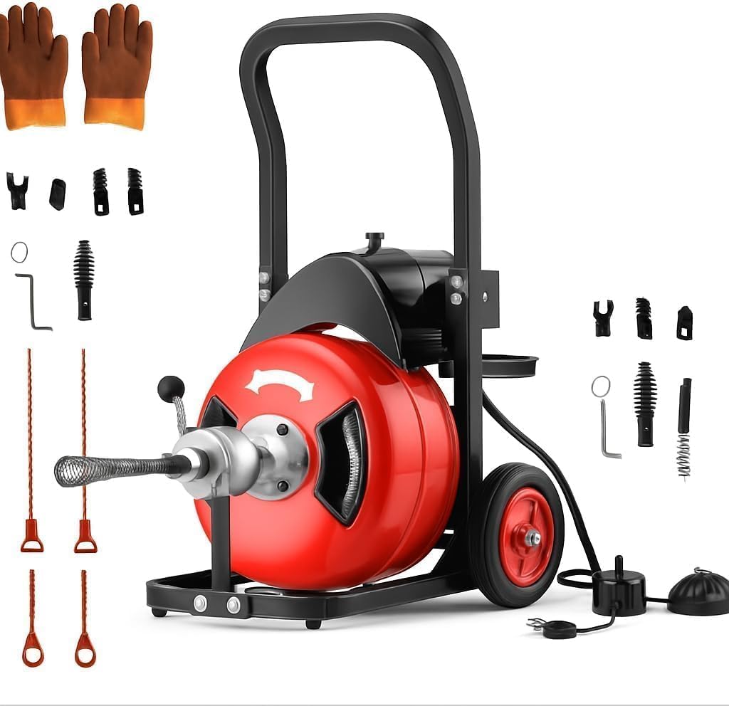 Sewer Snake,Electric Drain Snake with Auto-Feed, 100 ft x 3/4 inch Cable - 450W Portable Drain Cleaning Machine, 6 Cutters & Air-Activated Foot Switch for 4 to 8 inch Pipes