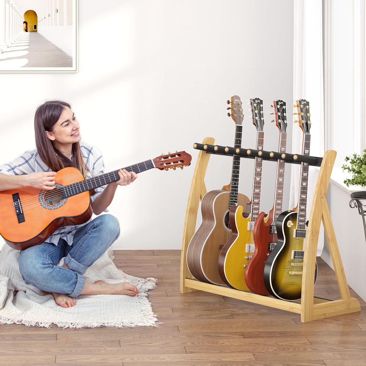 Guitar Stand Rack, Multi-Guitar Display Rack Adjustable Bamboo Guitars Holder Electric Guitar Stands Floor Storage for Bass Acoustic, Home Studio, Band Stage