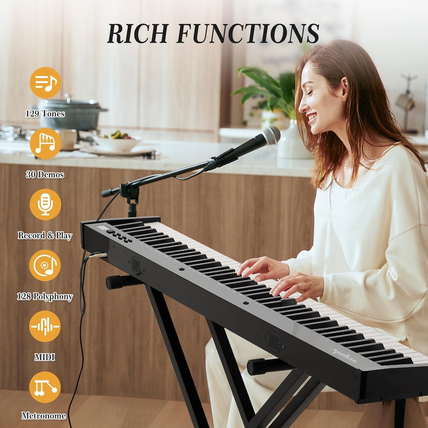 88 Key Keyboard Piano, Full-Size Electric Keyboard Piano for Beginners, Portable Electric Piano with Stand, Headphones, Pedal, Handbag, Bluetooth, USB MIDI, Black with Stand