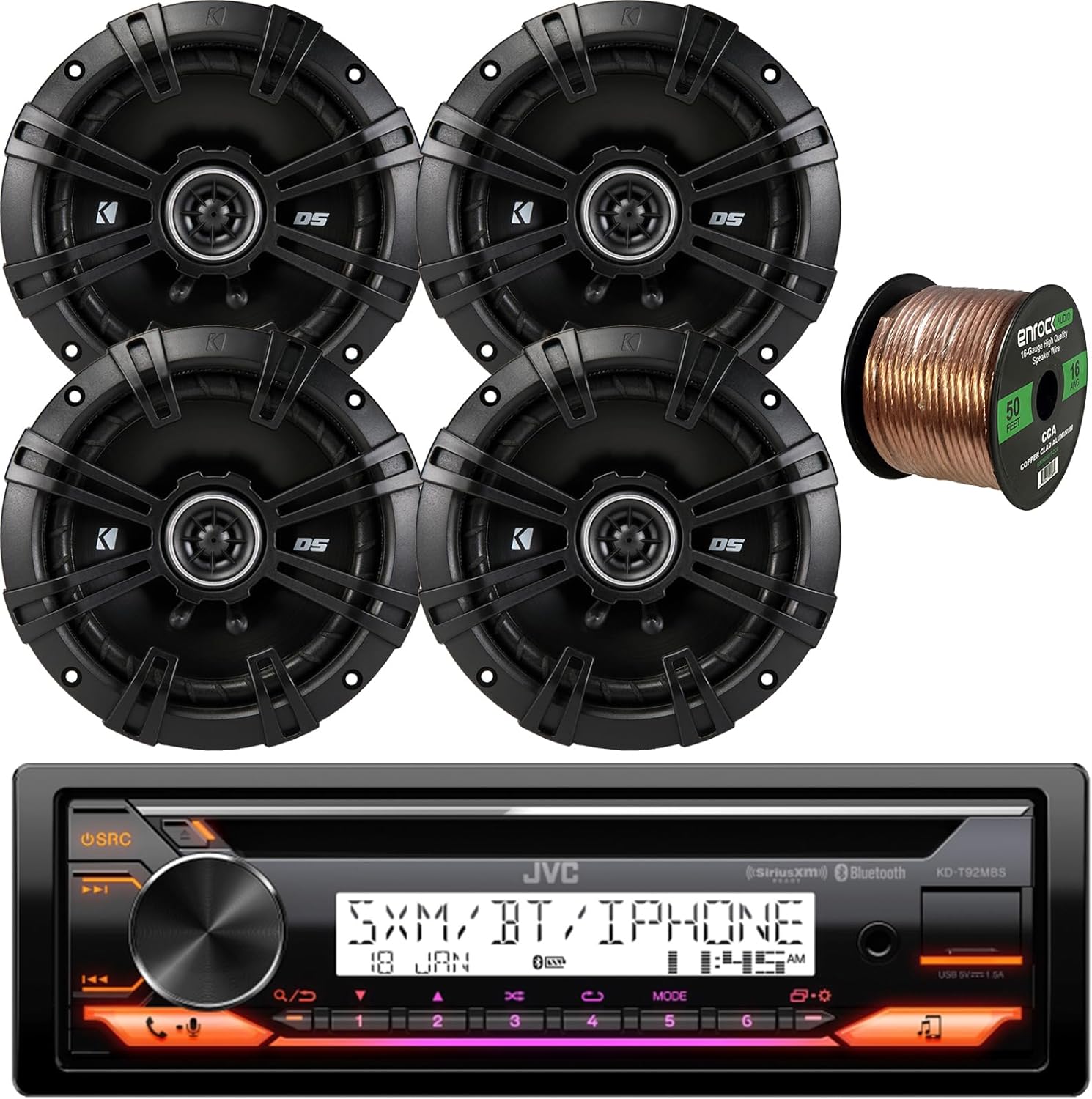 JVC KD-T92MBS Single DIN Marine Motorsports Bluetooth AM/FM USB AUX CD Player Stereo Receiver with (Qty 4) Kicker 6.5