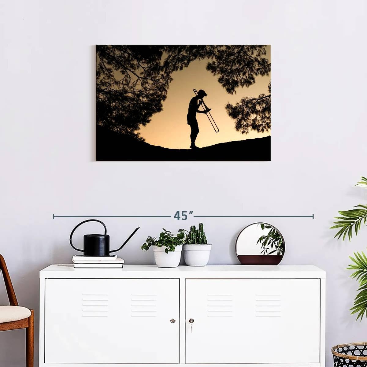 ElephantStock - Trombone Musician Wall Art - Horizontal Canvas Wall Art - Living Room Wall Decor - Photography Music Canvas Art - Black And Beige Decor - 30