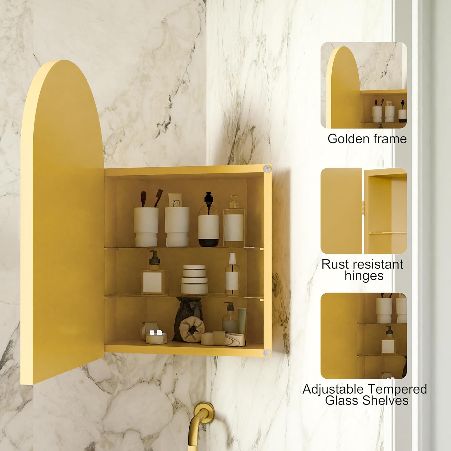 Space-Saving Metal Corner Medicine Cabinet with Arched Mirror & Adjustable Glass Shelves – Wall-Mounted Bathroom Storage Organizer for Small Spaces (Golden)