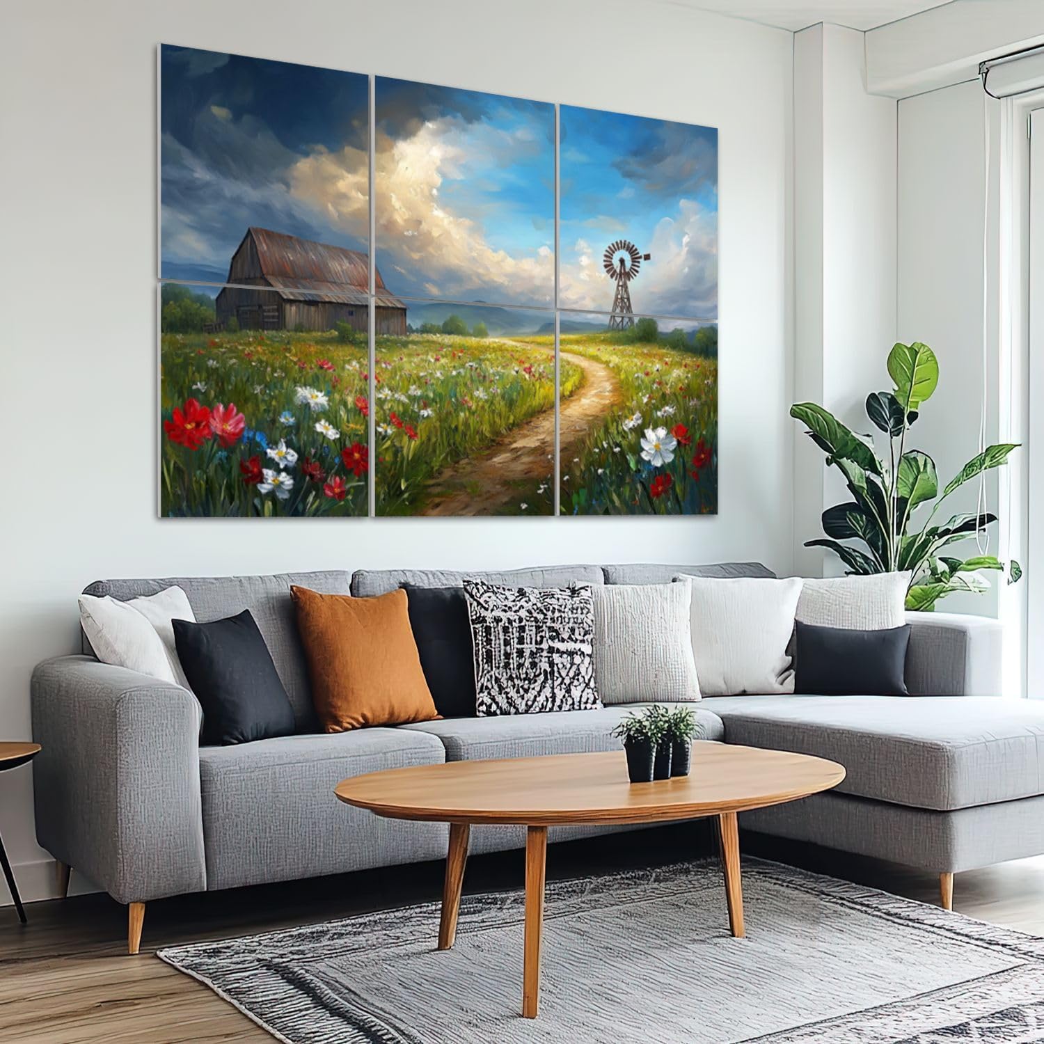 6 Pack Art Acoustic Panels Sound Absorbing Rustic Farmhouse Wooden Country Meadow Landscape Blue Sky Wild Flowers Decorative Soundproof Wall Panels Self Adhesive for Recording Studios Office 72