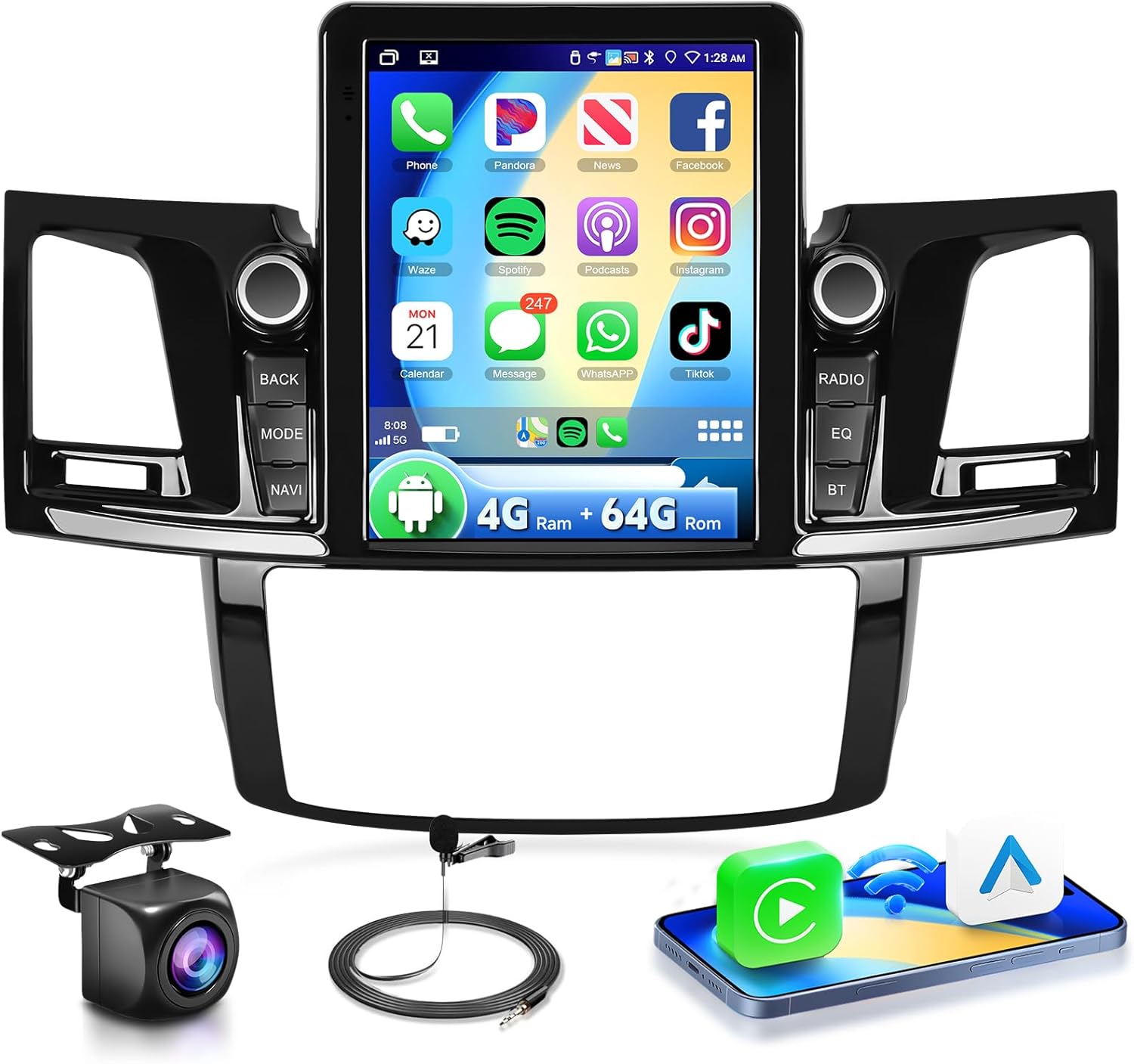 Radio for Toyota Fortuner Hilux 2007-2014 Manual A/C,4G+64G Car Stereo with Wireless Carplay Android Auto,9.7inch IPS Touch Screen,DSP 32EQ,5.0Bluetooth,AHD Backup Camera,MirrorLink FM/RDS