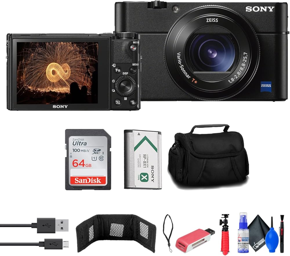 Sony Cyber-Shot DSC-RX100 VA Digital Camera (DSC-RX100M5A/B) + Case + 64GB Card + Card Reader + Flex Tripod + Memory Wallet + Cleaning Kit (Renewed)