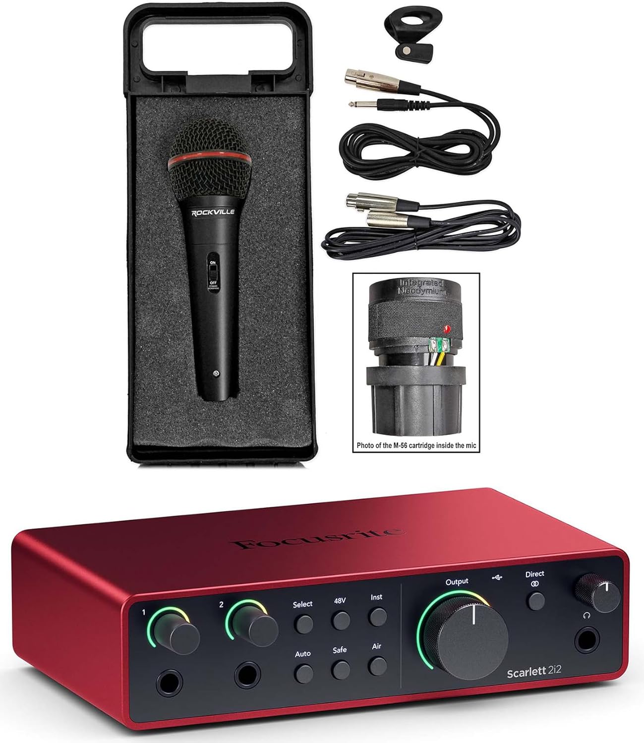 Audiosavings Bundle: Scarlett 4i4 4th Gen Studio Recording USB Audio Interface+Software Bundle with Rockville RMIC-SR Handheld DJ Vocal Recording Wired Microphone+Cables+Mic Case (2 Items)
