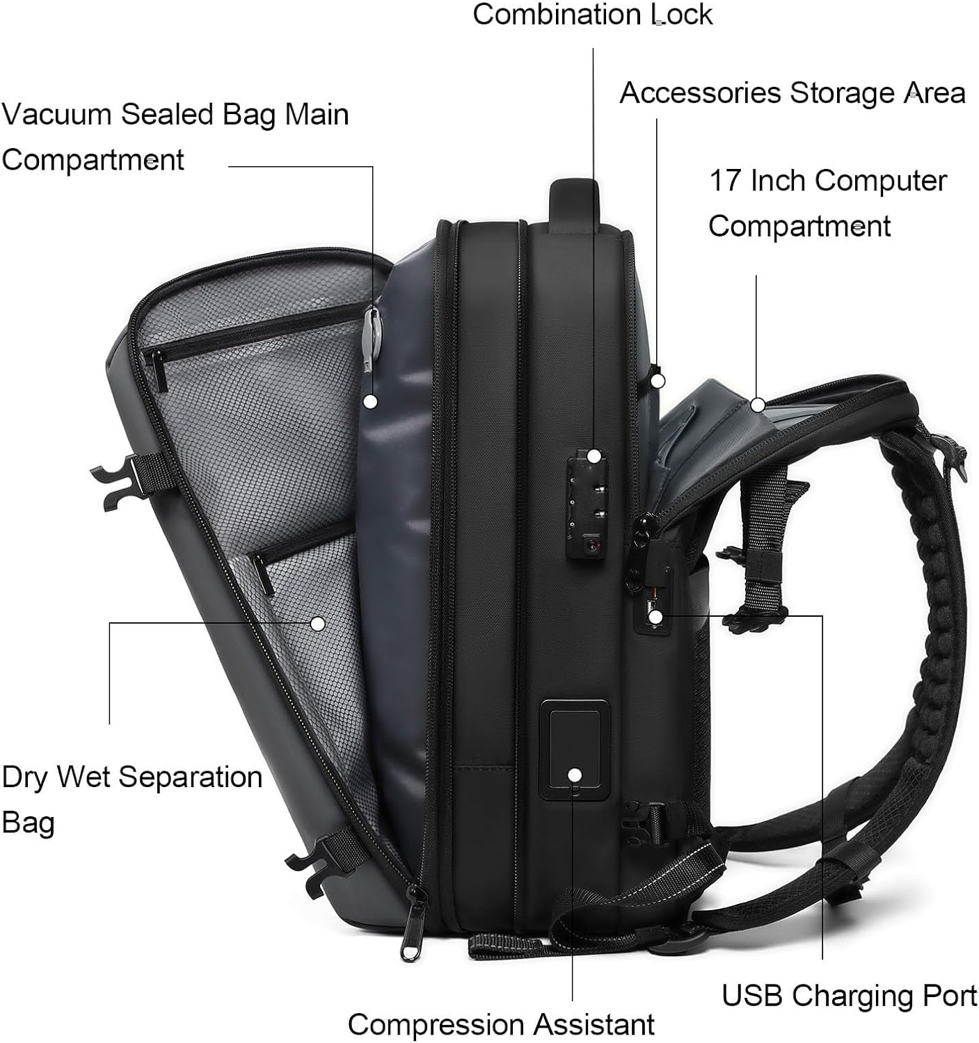 Vacuum Seal Backpack, 25L - 60L Expandable Carry On Compression Backpack with Lock, Travel Vacuum Storage Bags Backpacks for Short Trip Business (Grey)