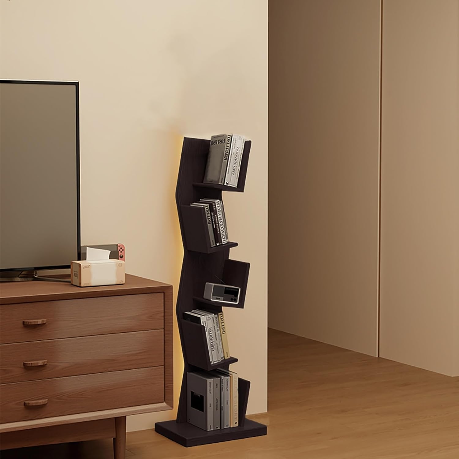 Wood Vertical Bookshelf with Lights, LED Bookcase with Storage Organizer, Corner Bookcase Floor Standing Book Shelf for Living Room, Bedroom & Home Office(Black,128cm/50.4in)