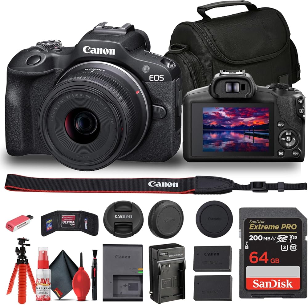 Canon EOS R100 Mirrorless Camera with 18-45mm Lens (6052C012) + 64GB Card + LPE17 Battery + Charger + Card Reader + Flex Tripod + Cleaning Kit + Memory Wallet + Bag (Renewed)