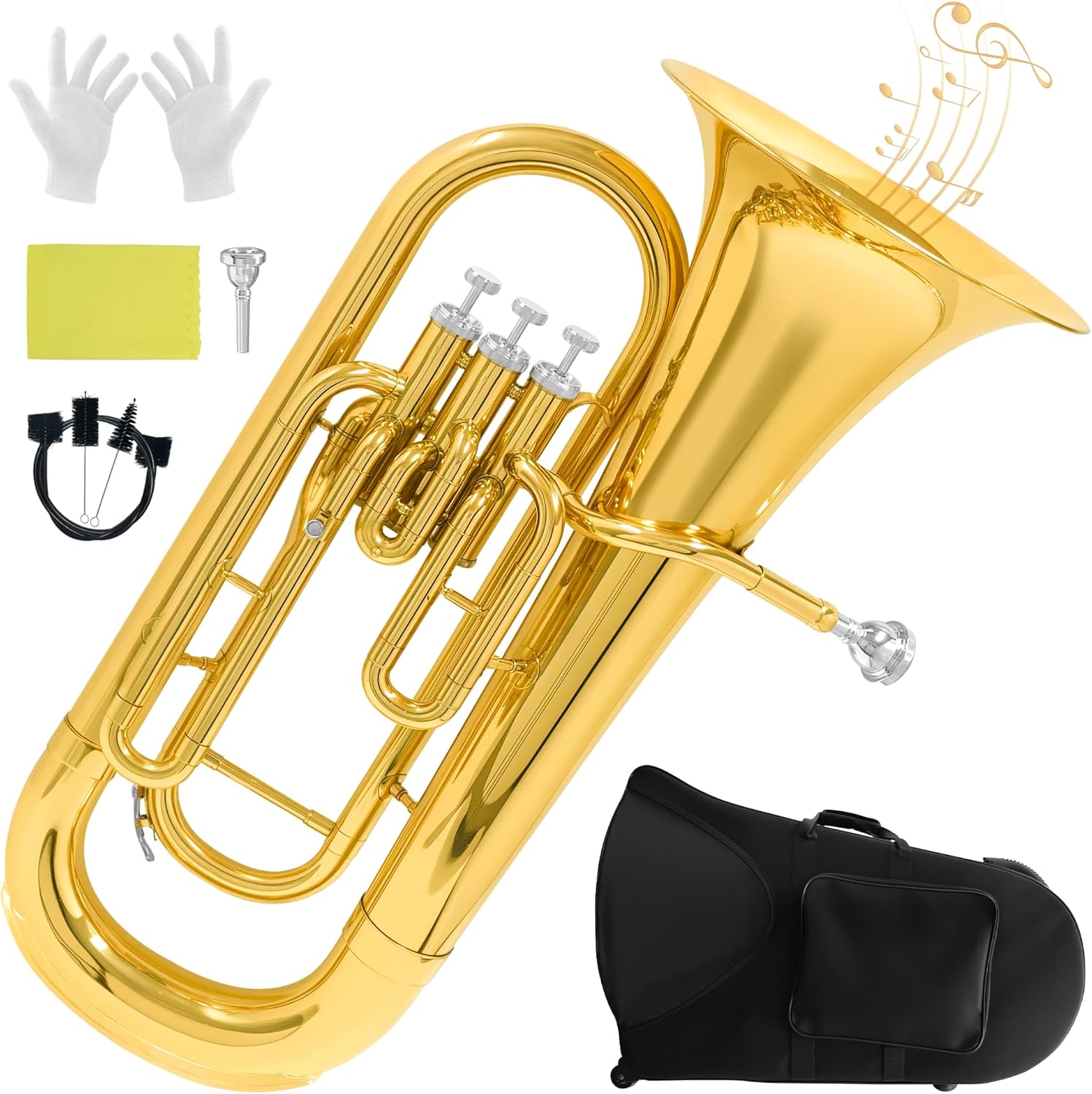 Bb Brass Euphonium - Professional & Intermediate 3 Valve Bb Key Instrument - Gold Lacquer Finish with Stainless Steel Pistons - Includes Hard Case, Mouthpiece, Gloves, Polishing Cloth