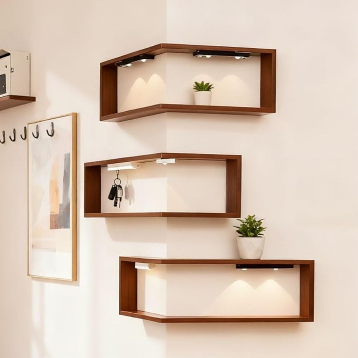 Illuminated Corner Shelf with Remote, Smart Shelves That Light up Your Space, Wooden Corner Wall Shelves with Light for Figurines and Collectibles, Modern Wall-Mounted Display Rack Stand(3pcs)
