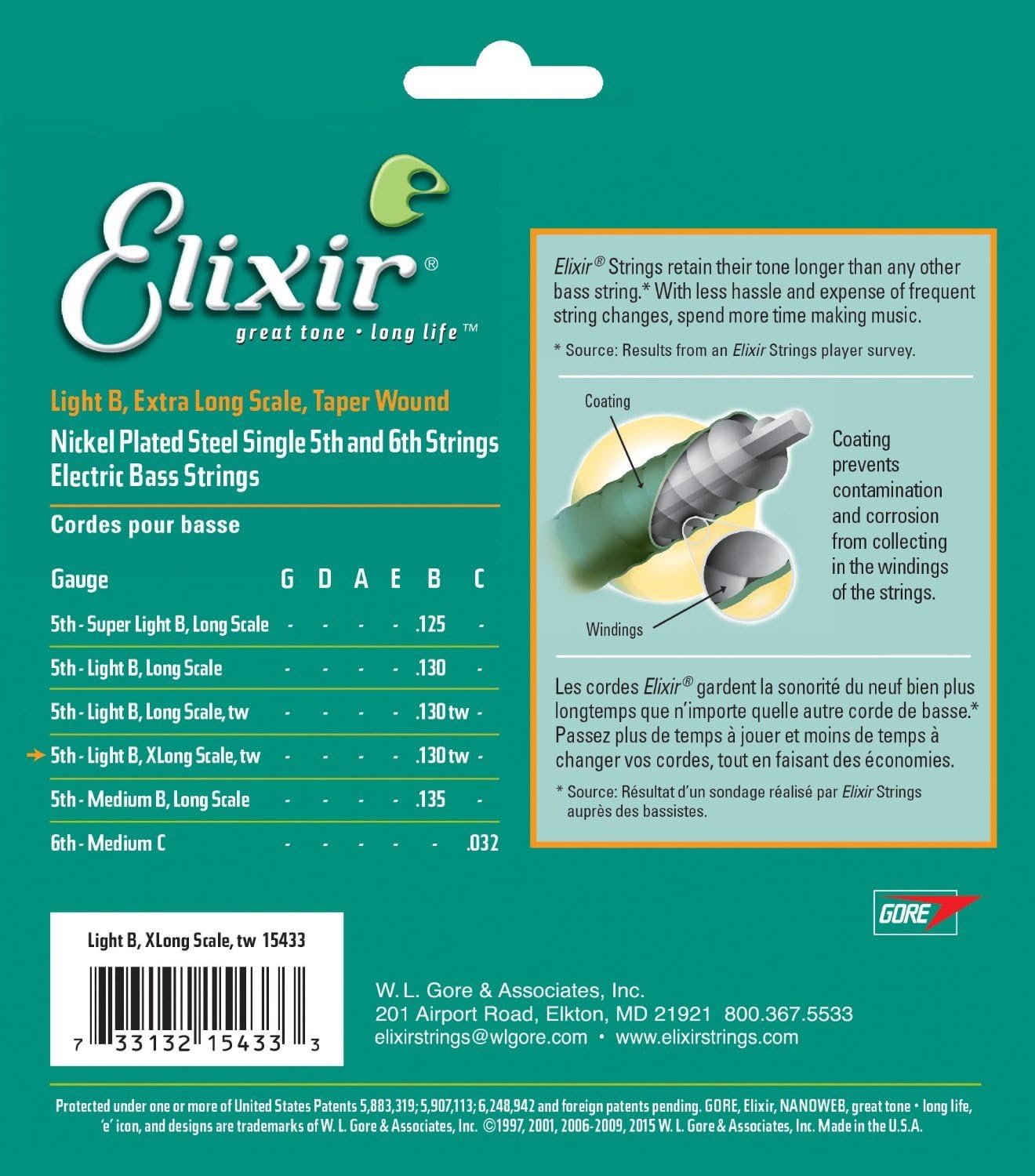 Elixir Strings Nickel Plated Steel 4-String Bass Strings w NANOWEB Coating & Strings Nickel Plated Steel with NANOWEB® Coating, Custom Bass 5th String Single, Light B, Extra Long, Gold