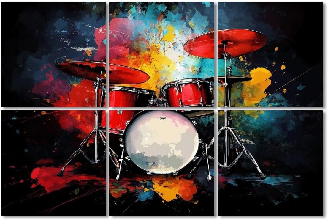 6 Pack Art Acoustic Panels Sound Absorbing Music Abstract Drum Set Splash Colors Red Drums Dynamic Musical Decorative Soundproof Wall Panels Self Adhesive for Recording Studios Office 72