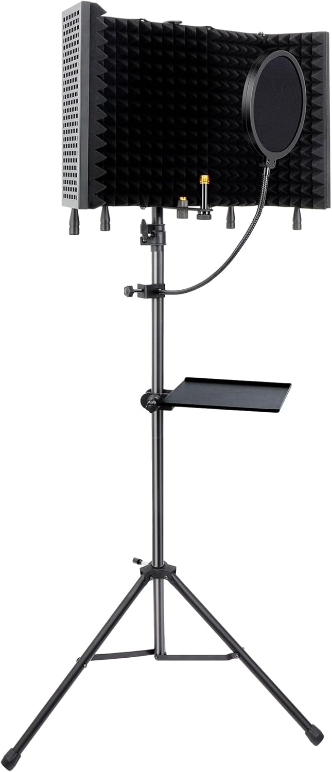 5-Sided Isolation Shield Microphone Stand, Studio-Grade Soundproof Booth with Pop Filter & High-Density Foam, Adjustable Tripod for Music studio, Podcasting Mic Stand with Pop Filter