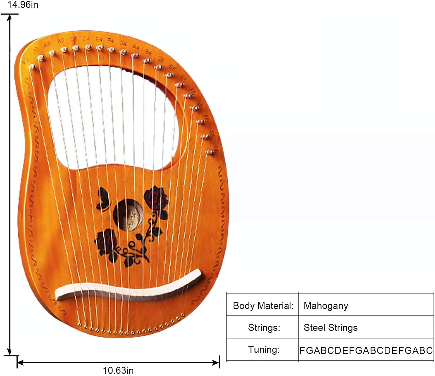 Lyre Harp 19 String Solid Wood String Instrument Heptachord Mahogany with Tuning Wrench, Picks and Bag, Best gift for Beginners Music Lovers (Color : F)