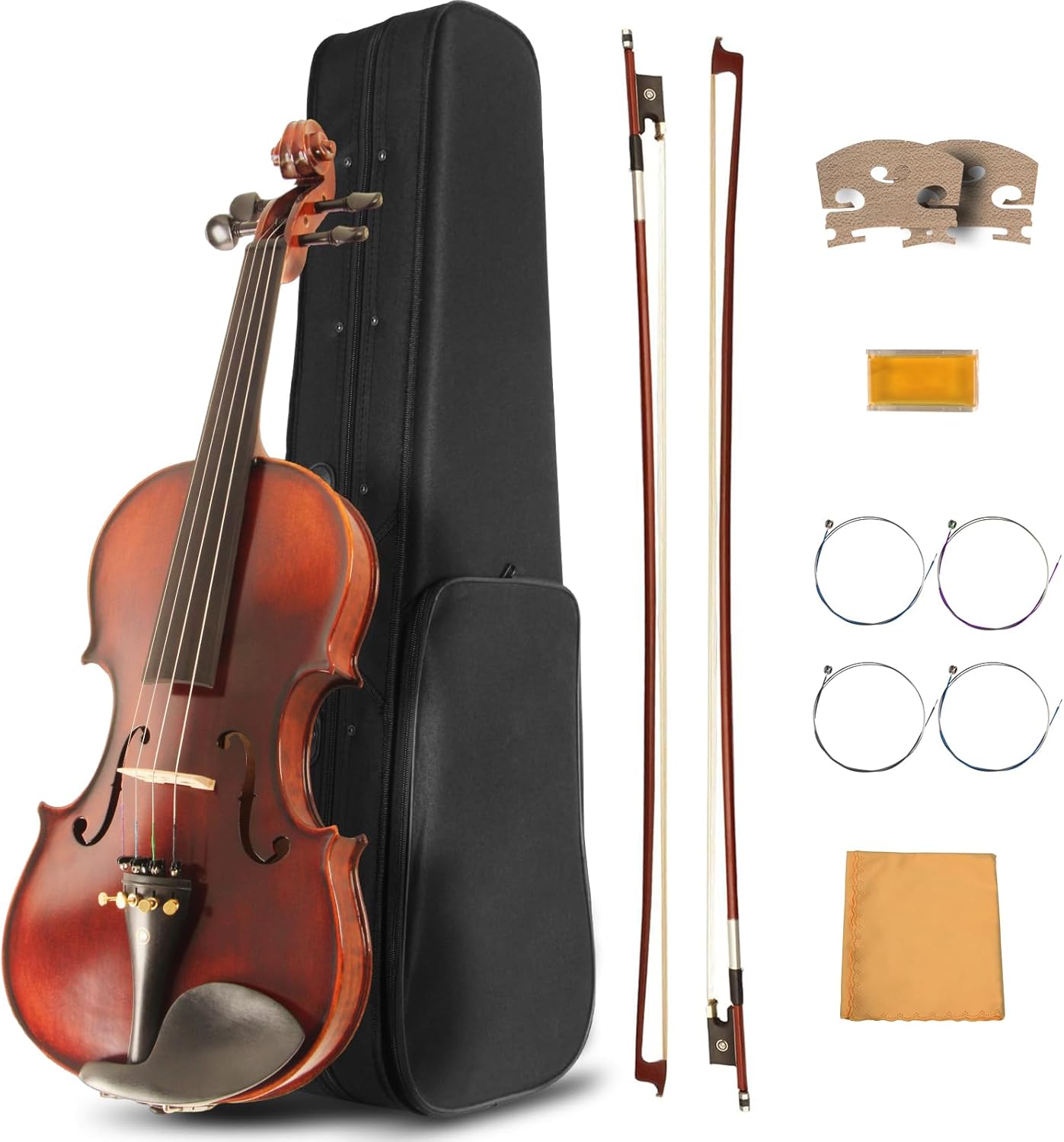 Violin for Beginners, Acoustic Full Size 4/4 Violin Fiddle Starter Kit, Stringed Musical Instrument w/Case, 2 Violin Bows, 2 Bridges, Strings, Rosin, Cleaning Cloth