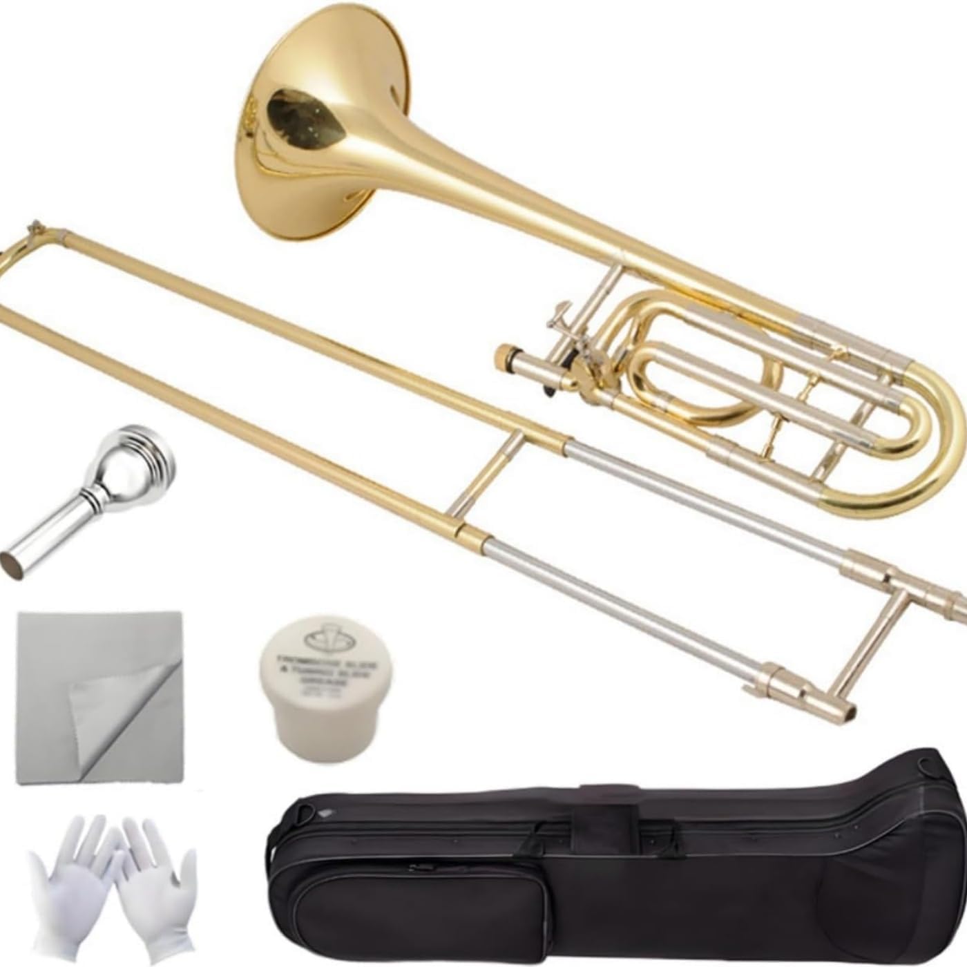 Bb Tenor Slide Trombone B Flat Brass Plated Trombone Instrument with Mouthpiece Cleaning Kit & Padded Case for Beginners Students