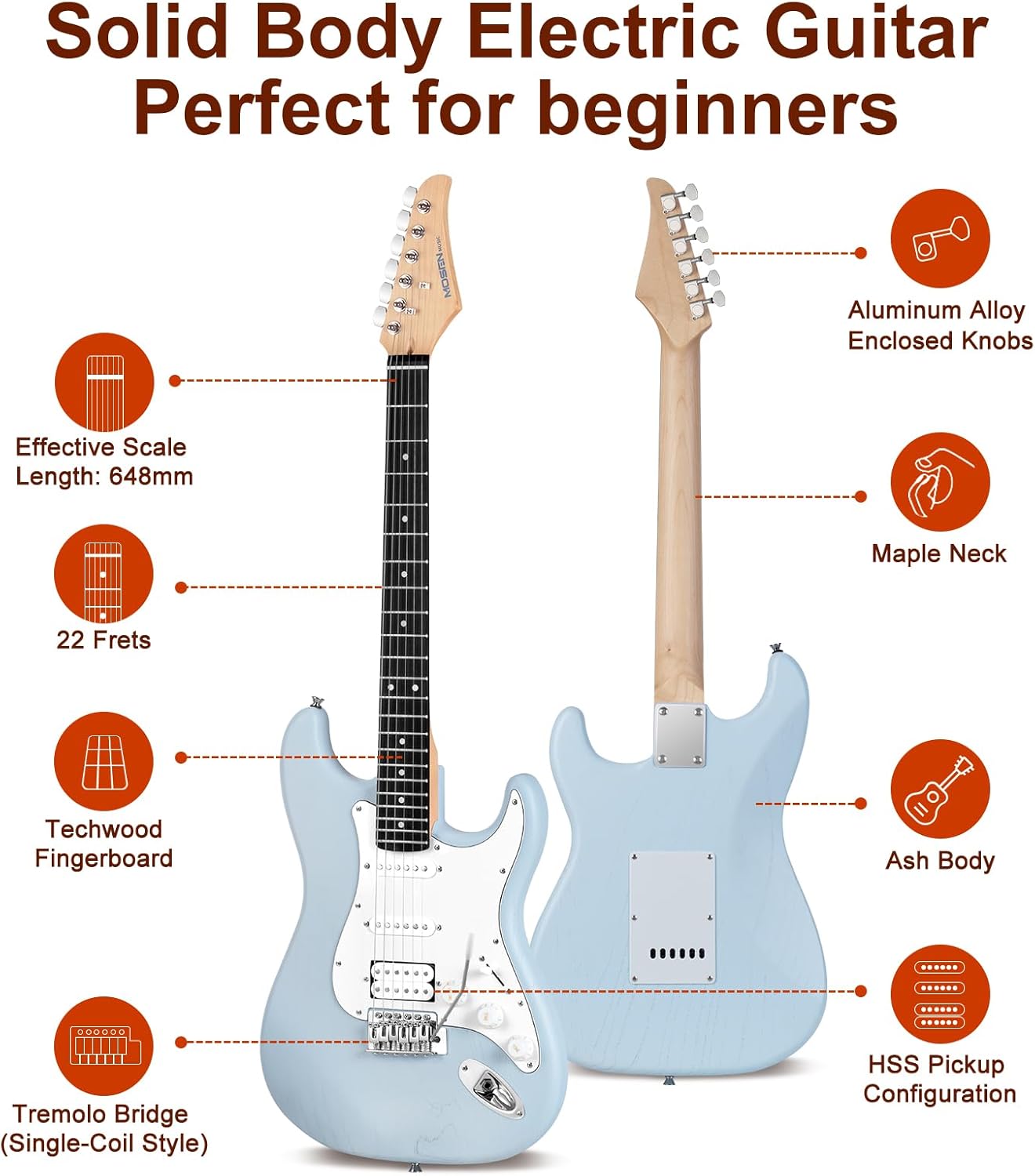 Mosen 39 Inch Electric Guitar with HSS Pickups & Single-Coil Tremolo System - with 5W Amp, Techwood Fingerboard, C-Shaped Satin Neck, All Accessories Included Gig Bag, Tuner, String, Capo, Strap