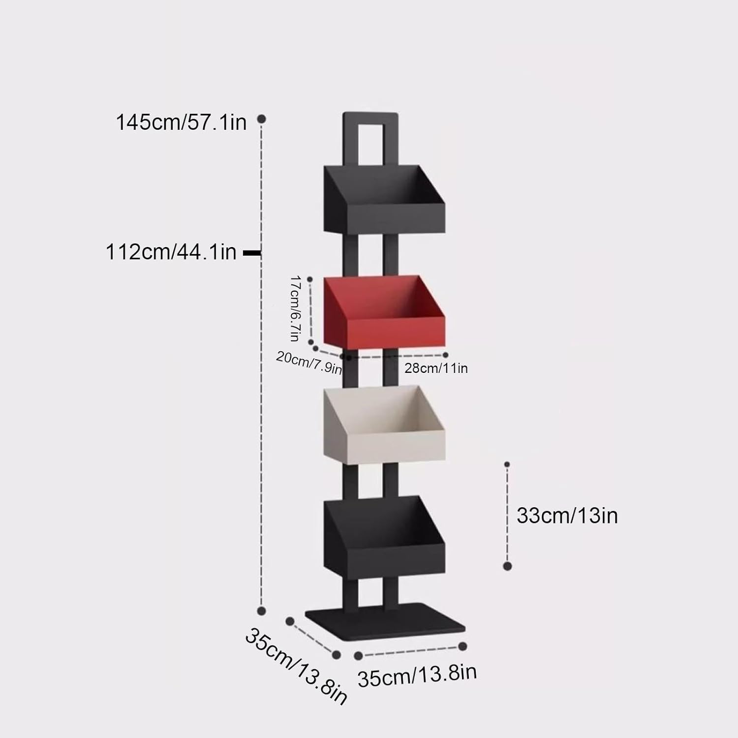 Metal Vertical Bookshelf Tower, Freestanding Spine Bookcase for Small Spaces, Modern Storage Corner Shelf for Living Room, Office, Bedroom Decor(112cm/44.1in)