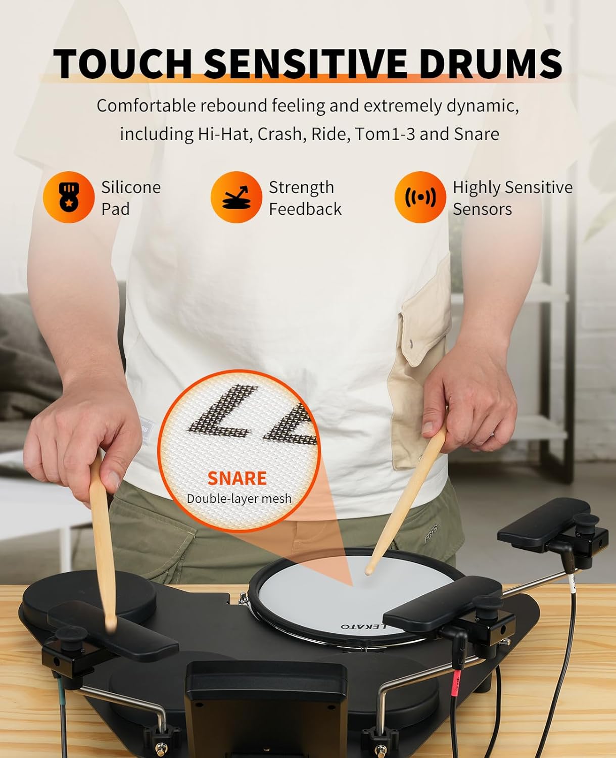 LEKATO Electronic Drum Set, Portable Electric Drum Set for Beginner with Quiet Mesh Snare Drum Pads, 220+ Sounds, USB MIDI, 2 Switch Pedal, Electric Drum Kit with Sticks, Travel Bag