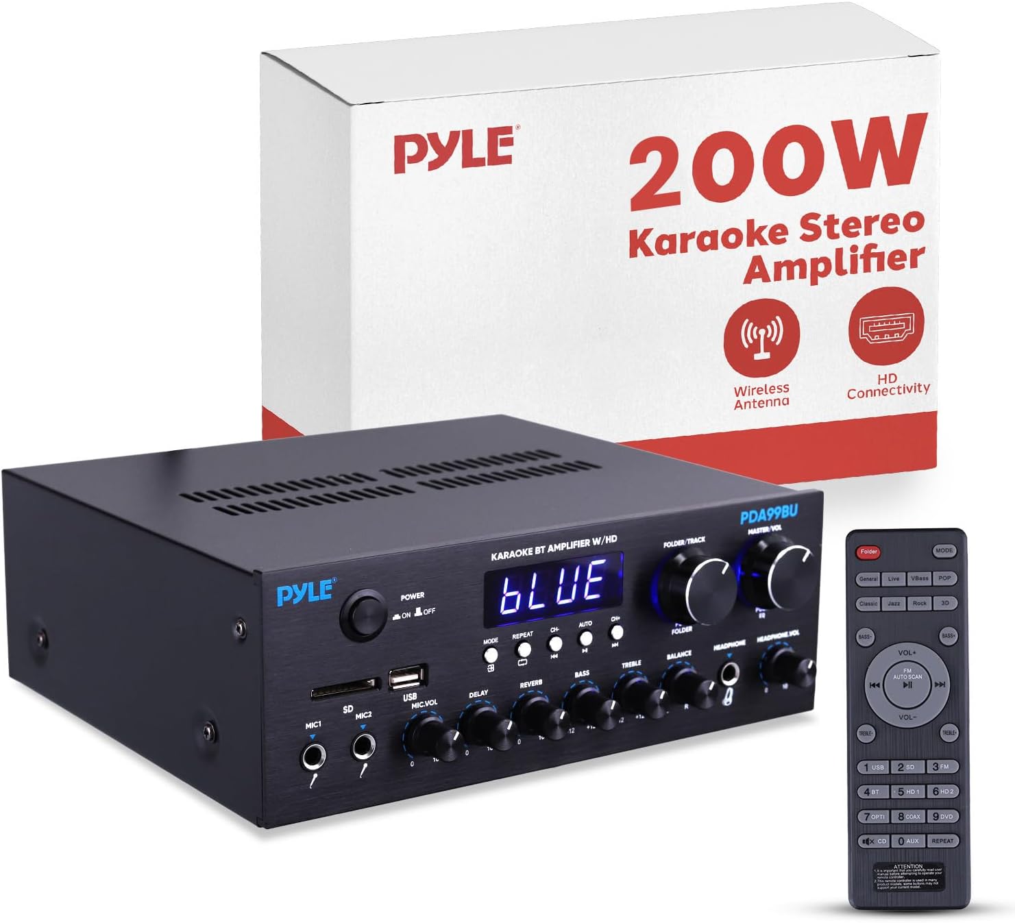 Pyle Wireless Bluetooth Streaming Amplifier, 200W Multi Channel Home Audio Receiver with Hi Def in/Out, Optical/Coaxial, FM Radio, USB/SD, AUX, RCA, Mic in, and BT/FM Antenna
