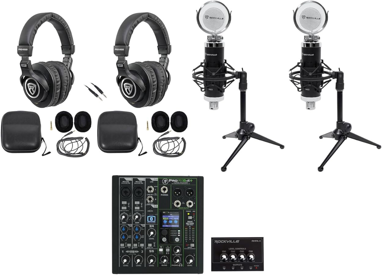 Audiosavings Bundle:(1) Mackie ProFX6v3+ Analog Mixer Bundle With (2) Rockville PRO-M50 Headphones & (2) Rockville RCM03 Microphone, (1) Rockville RCTR106B Cable, (2) RDTS Stand, (1) RHPA4 Amp