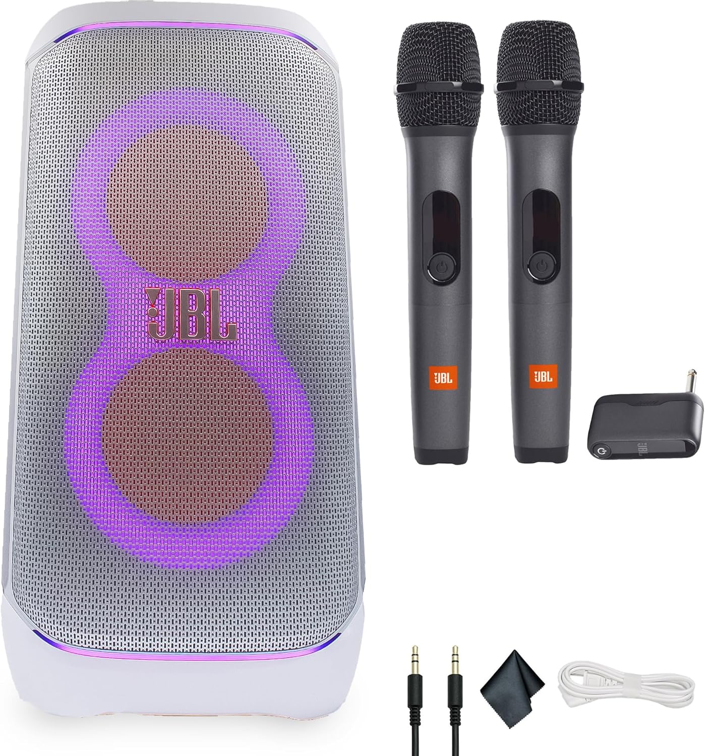 JBL PartyBox Club 120 (White) - 160W Portable Wireless Splash Proof Speaker - 12 Hours of Playtime + Wireless Two Microphone System with Receiver + AUX Cable + Microfiber Cloth