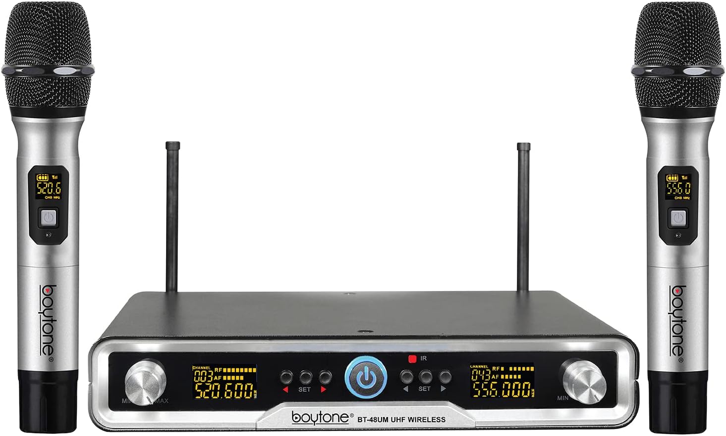 Boytone BT-48UM 100 Channels Wireless Microphone Dual Metal Professional UHF Cordless Dynamic Mic Handheld Microphone System, for DJ, Meeting, Party, Church, Aluminum Carrying Cases, Metal Base