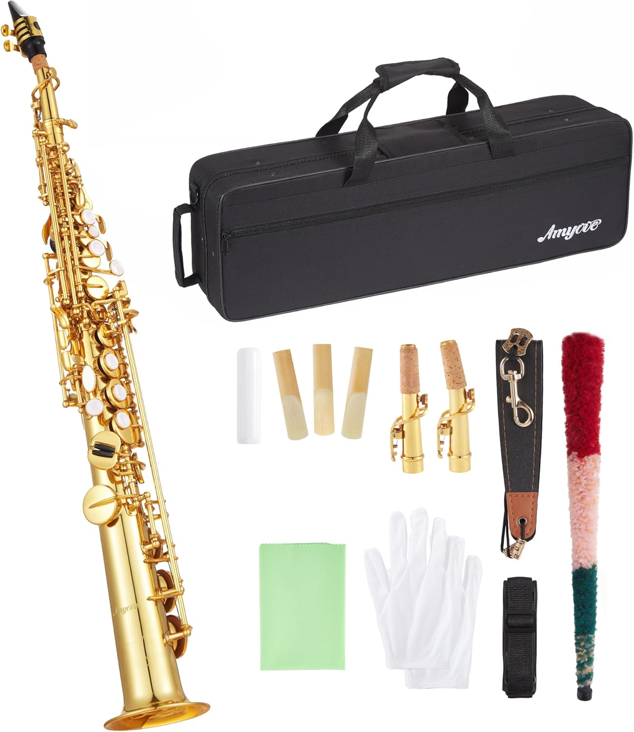 Senfot Brass Straight Soprano Saxophone Set with Case, Cork Grease, Cloth, Shoukder and Leather Neck Strap, Brush, Gloves, Reed; Pro-Grade Student Sax for School Band, Lessons & Solo Practice