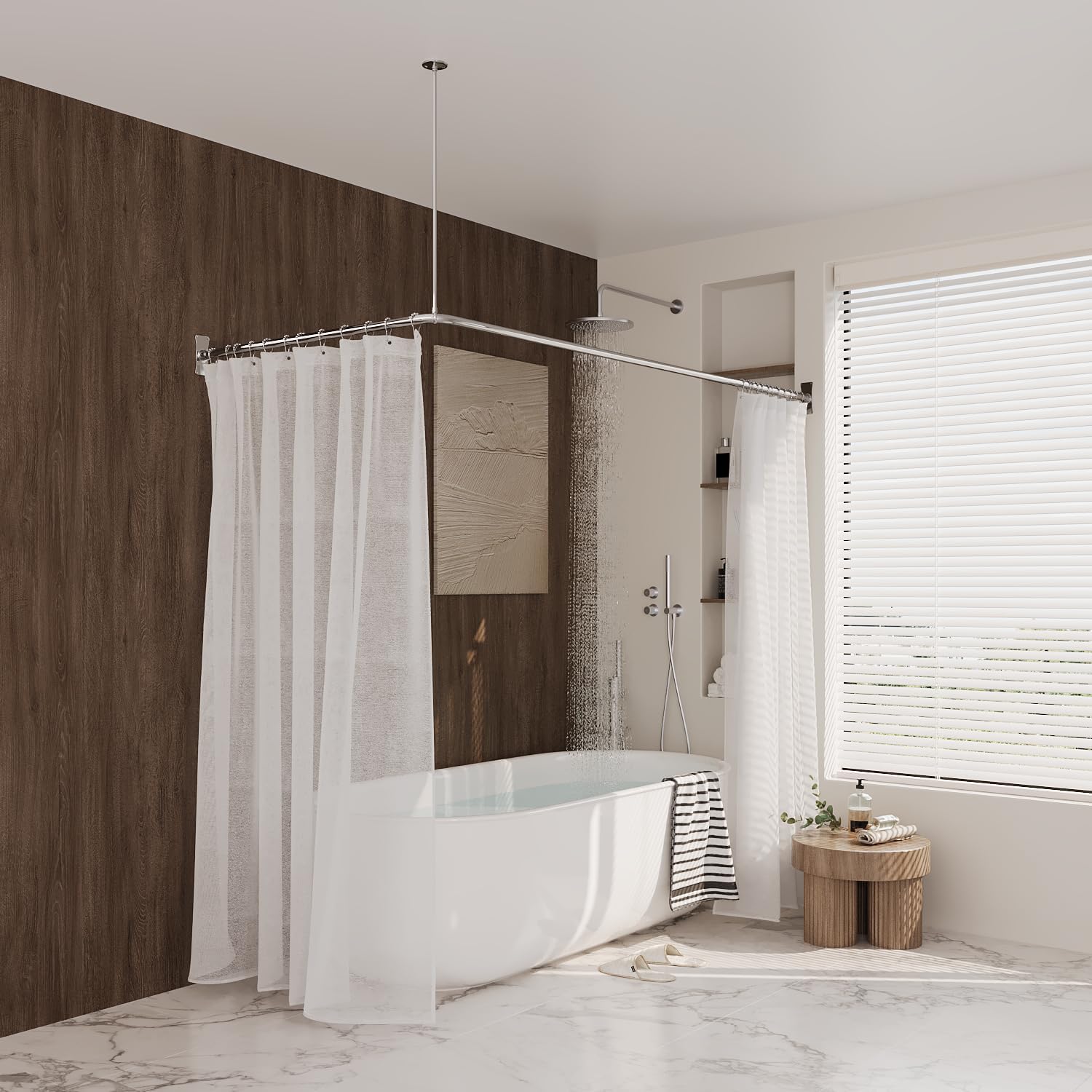 Naiture Stainless Steel 60'' x 36'' Corner Shower Curtain Rod with Ceiling Support, Chrome Finish