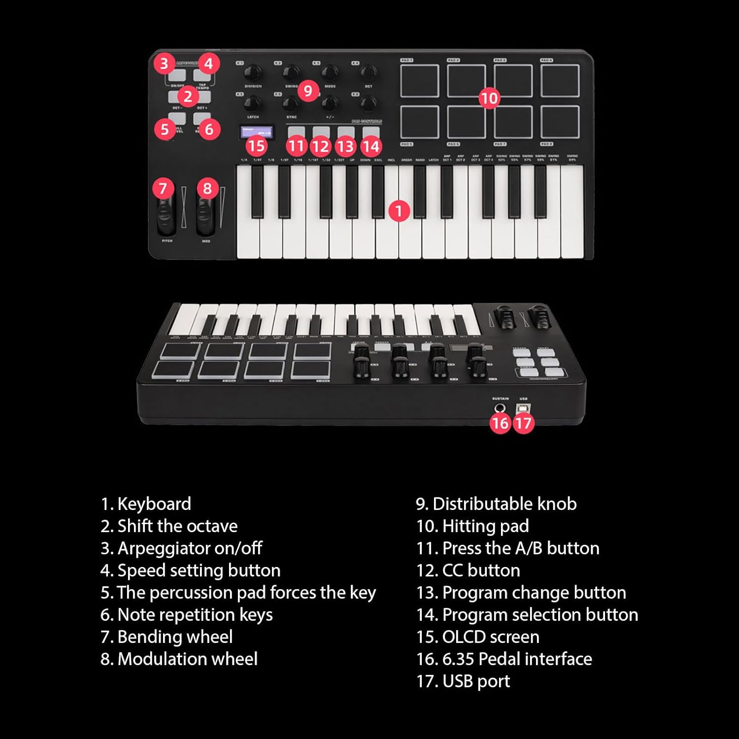 25 Key USB MIDI Keyboard Controller with Integration, MIDI Keyboard Controller with 8 Backlit Drum Pads, Arpeggiator, Adjust 8 Knobs, for Control Instruments