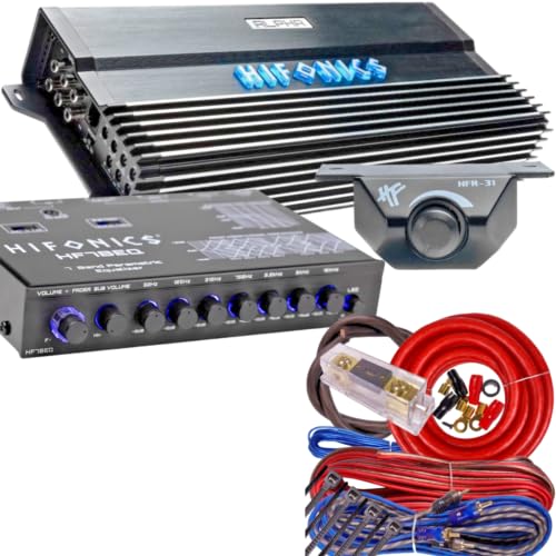 Hifonics A3000.1D Alpha 3000W Super D-Class Monoblock Car Amplifier with Hifonics EQ and BGCOR 0 Gauge Amp Kit, Bass Remote Included
