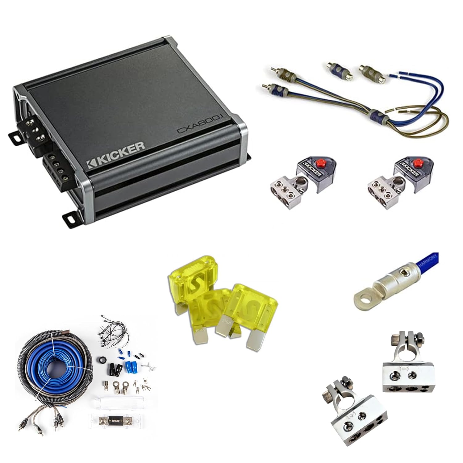 Kicker 44KXA8001 Car Audio Sub 1600W Amp, CK4-N Fuse Holder 2-Channel Full-Spec Complete Power Kits, 46KISL Amp Speaker Wire to RCA Adapter and BT4-N Battery Terminal Connection Points Bundle