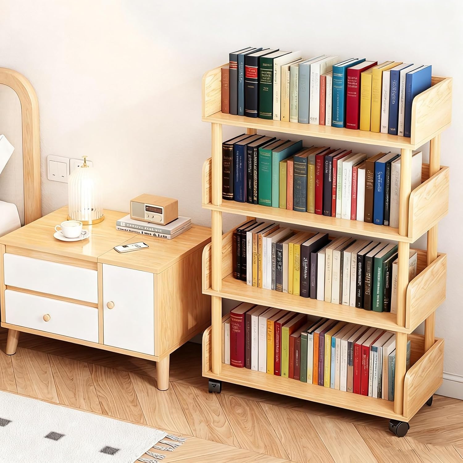 Rolling Book Cart with Wheels Mobile Bookshelf Modern Display Storage Shelf, Library Cart Storage Shelves for Small Space Corner Bedroom Office(White,60cm/23.6in)