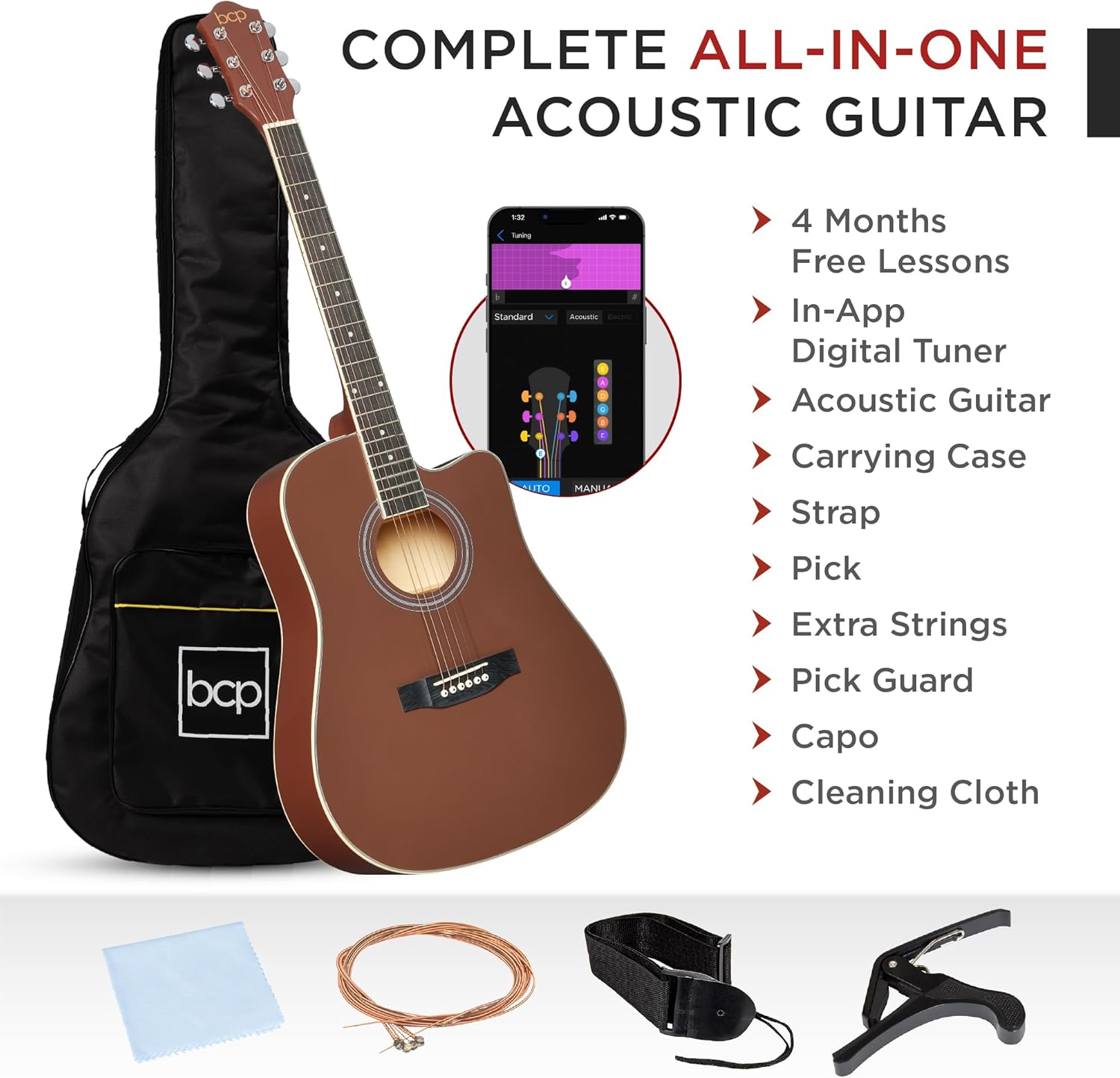 Best Choice Products 41in Beginner Acoustic Guitar Full Size All Wood Cutaway Guitar Starter Set w/Case, Strap, Capo, Strings, Picks - Dark Brown