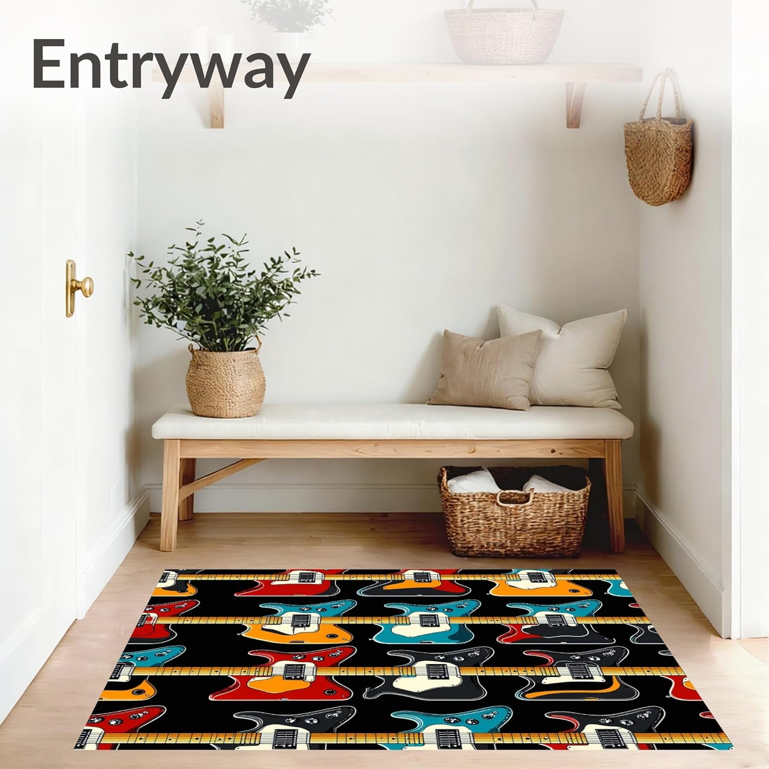 Flatwoven High Traffic Area Rug 8x10, Rock and Roll Music Themed Guitar Bass, Non Slip, Stain Resistant, Washable Area Rugs for Living Room, Bedroom (Black, 8x10)